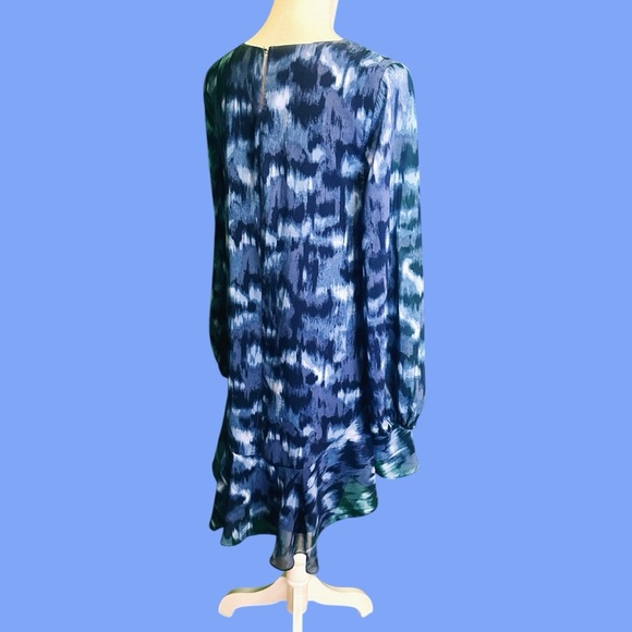 BCBGMaxAzria Ikat Print Chiffon Ruffled Hem Dress in “Pacific Blue Cloud” Size S - Picture 8 of 12